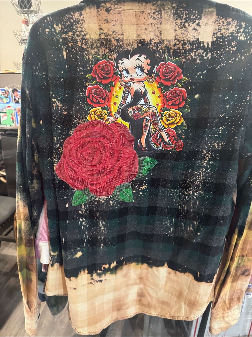 Button-Down Plaid Shirt with Betty Boop Graphic and Rose Applique - Black/Beige